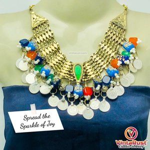 Statement Coins Choker Necklace With Multicolor Glass Stones and Beads, Collar